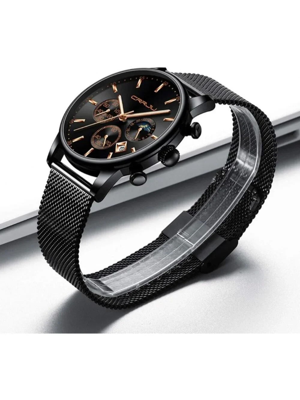 Men's Black Rose Chronograph Auto Date Steel Quartz with Mesh Strap Wrist Watch